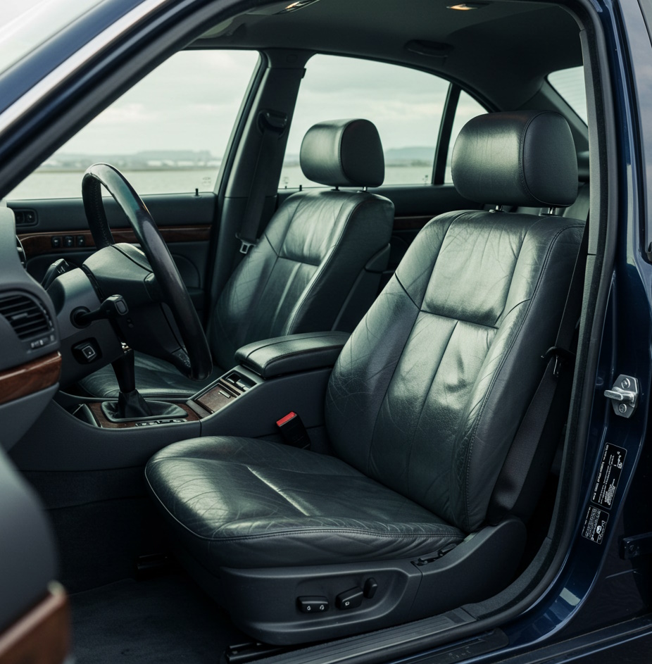 Conditioned black leather front seats after an interior detail