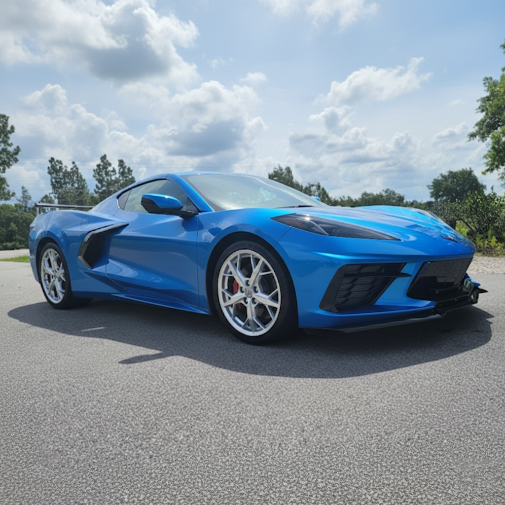 Freshly detailed blue Chevrolet Corvette C8 with a mirror-gloss finish