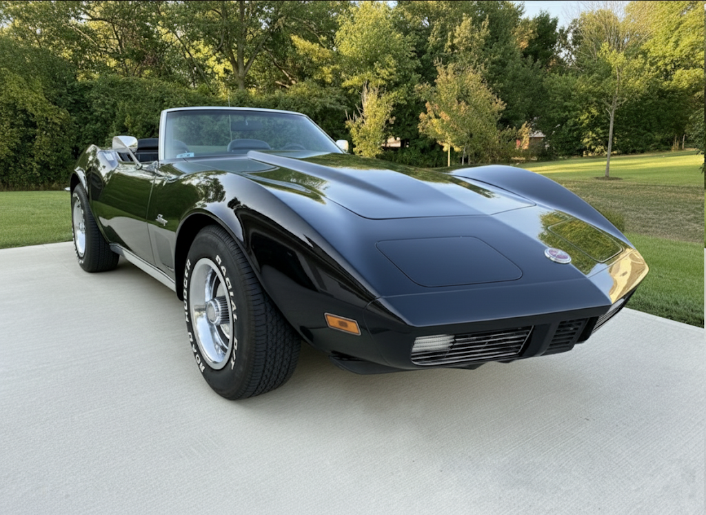 Glossy black Chevrolet Corvette C3 convertible after an exterior detail