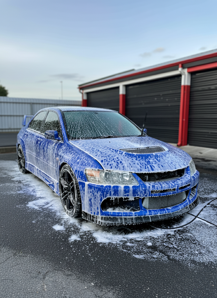Blue Mitsubishi Lancer Evo covered in snow foam during an exterior wash