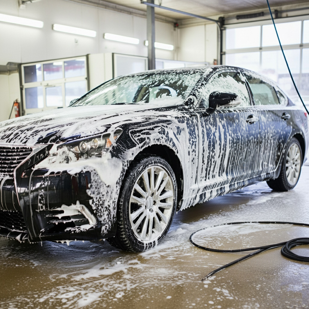 Black sedan coated in snow foam during a professional hand wash