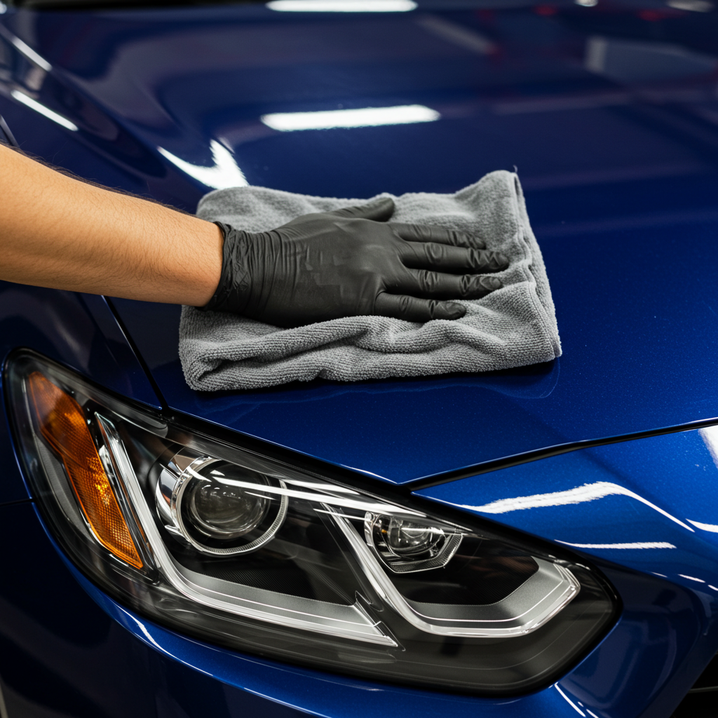 Detailer's gloved hand buffing a blue hood with a microfiber towel