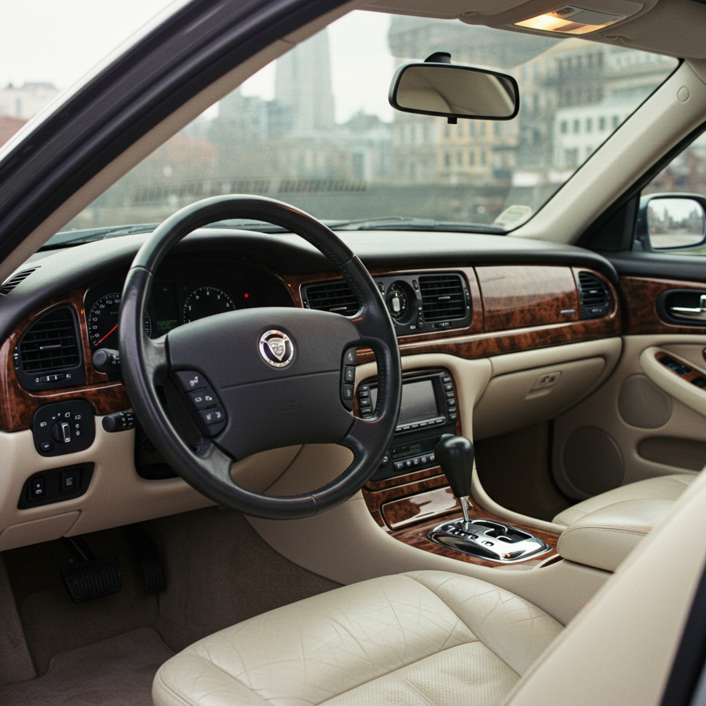 Restored tan leather and burl wood interior of a classic Jaguar sedan