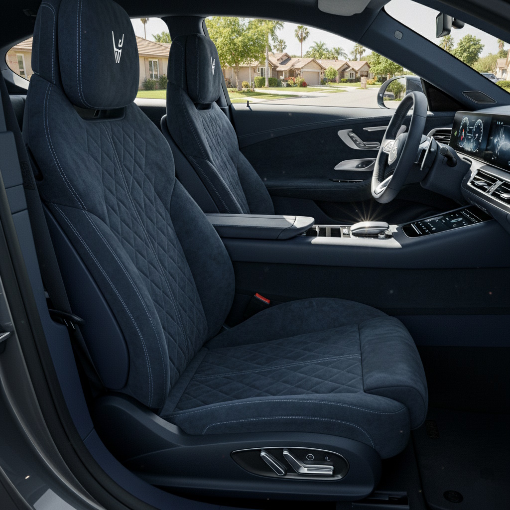 Pristine navy suede diamond-stitched sport seats after interior detailing