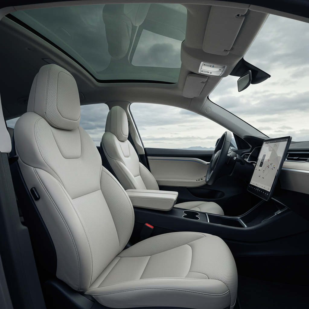 Spotless white leather Tesla interior after a deep interior detail
